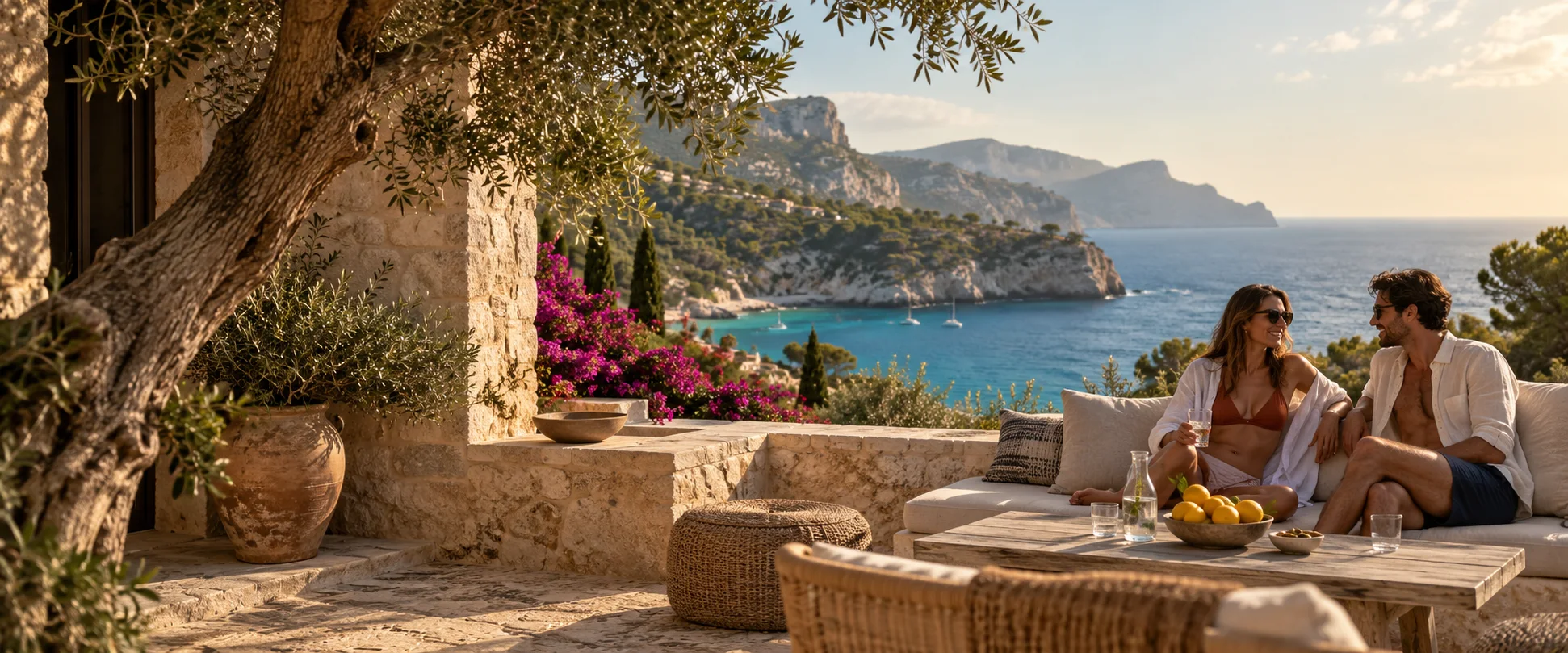Mediterranean-inspired mood image of a sunny terrace above a bay with adult holidaymakers.